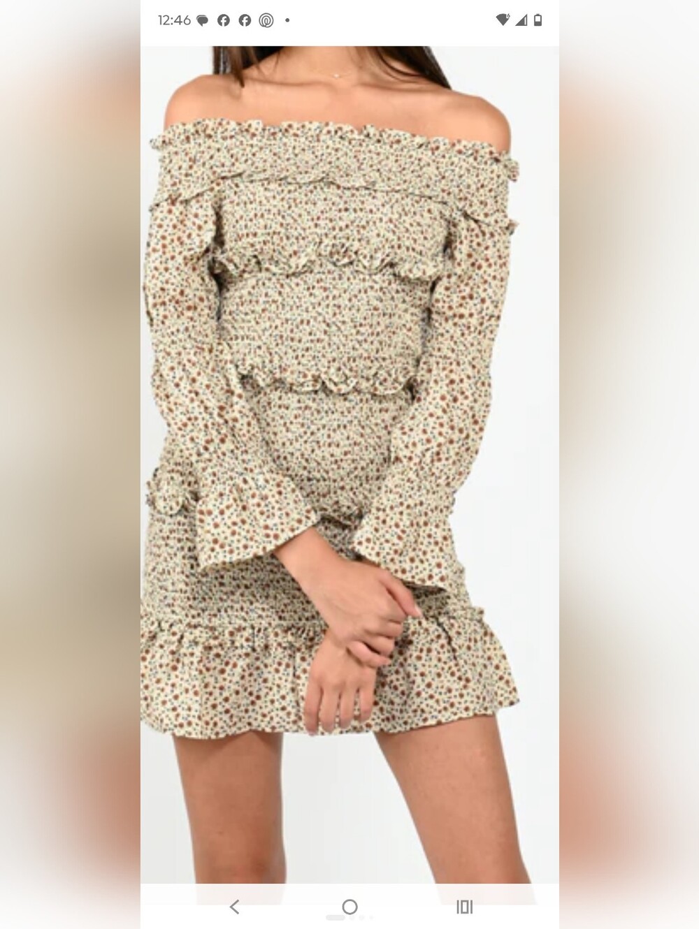 Beige Botany Floral Ruffle Long-Sleeve Mini Dress in Cream and Brown Size S.